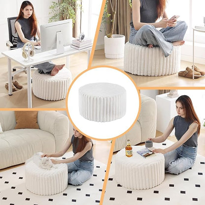 Tiita Round Stuffed Pouf Ottoman, Stripe Faux Fur Poufs with Foam Chunk Filling, Furry and Fluffy Pouf 21×21×12 inch Foot Stool Storage Ottoman,Puff Office Foot Rest for Couch Living Room, Beige
