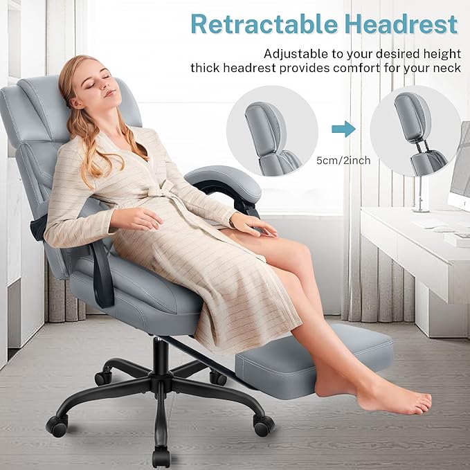Executive Leather Office Chair, Big and Tall Office Chair with Footrest Home Office Desk Chairs, Ergonomic Computer Desk Chair with Lumbar Support, Reclining Desk Chair with Adjustable Angle
