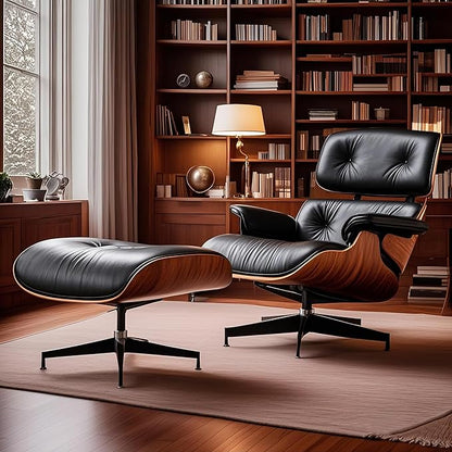 Mid Century Chaise Lounge Chair with Ottoman, Top Black Grain Leather, Modern Office Chair Classic Design, Heavy Duty Base Support for Living Room Study Lounge Office