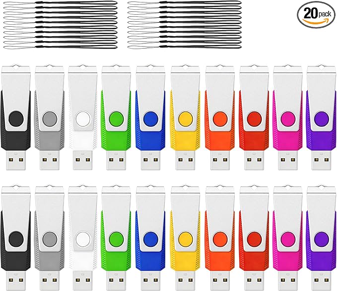 USB Flash Drive 1GB Flash Drives 20 Pack, AGECASH USB 2.0 Thumb Drive 20 Pack Swivel Pendrive Memory Stick Zip Jump Drives Multipack with 20PCS Black Lanyards (Colorful, 1GB)
