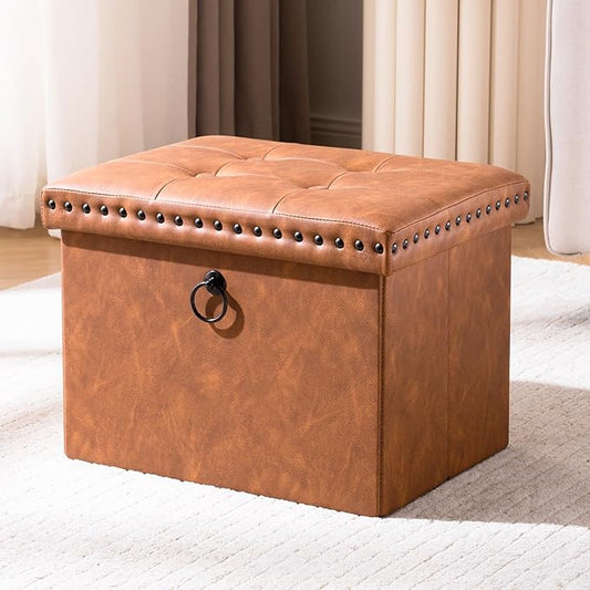 Folding Storage Ottoman 16in, Small Faux Leather Foot Rest Stool with Button Tufted Rivet Design, Footstool Bench, Ottoman with Storage for Living Room Bedroom Coffee Table 242 lbs, Brown
