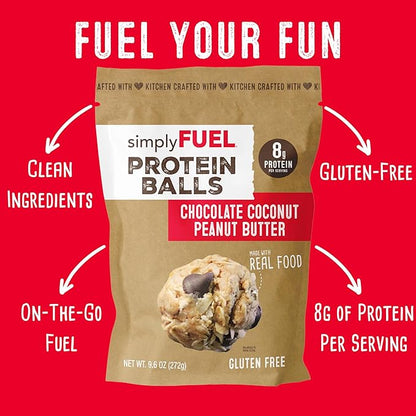 simplyFUEL Whole Food Protein Balls - Chocolate Coconut Peanut Butter - 8g Protein Snacks for Adults and Kids - Anytime Power Snack for Work, School, Travel or Gym - Gluten Free (12 Balls)