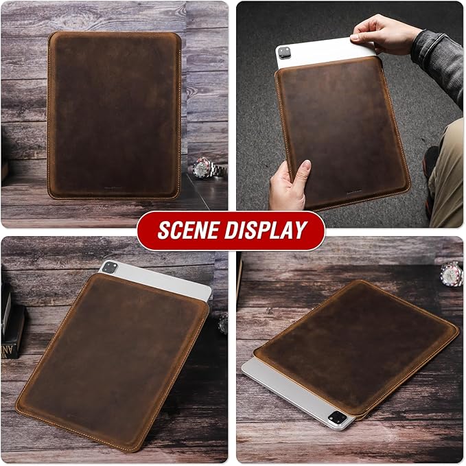 Top Grain Leather 12.9" Tablet Sleeve Slim Protector, Vintage Design, Fully Handmade, Compatible with 12.9" iPad Pro 3/4/5/6 Gen, Fits A2233 A2069 A2378 A2379 A2461 A2462, Coffee 12.9 Inch