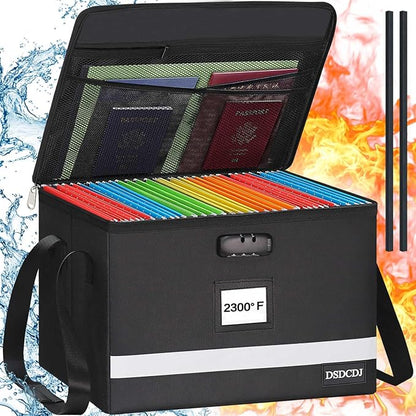 Fireproof File Box with Lock, Upgraded Fireproof Document Box with Reflective Strip, Portable File Organizer Filing Cabinet with Handle for Hanging Letter/Legal Folder, 15.5" x 12.3" x 10.5"