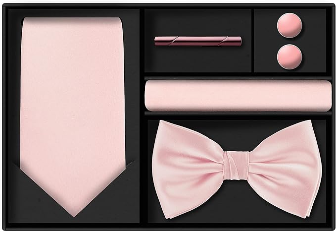 TIE G 5pcs Tie Set in WHITE OR BLACK GIFT BOX: Solid Color Necktie, Satin Bow Tie, Pocket Square, Lapel, Cuff Links