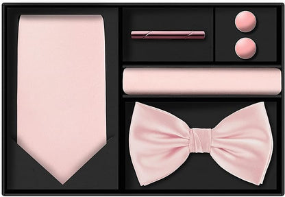 TIE G 5pcs Tie Set in WHITE OR BLACK GIFT BOX: Solid Color Necktie, Satin Bow Tie, Pocket Square, Lapel, Cuff Links