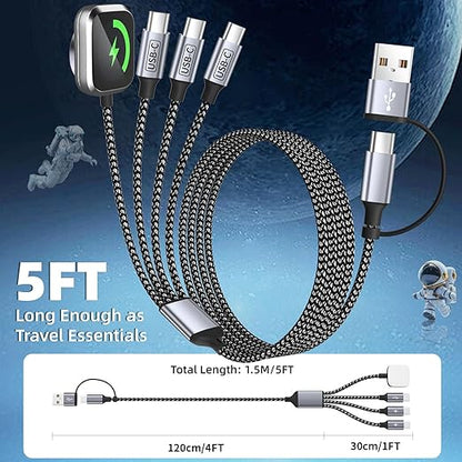 4 in 2 Charging Cable for Phone Watch Charger with 3 Type-C Ports, Travel Essentials USB C Splitter Multi Charging Cable/Cord for iWatch Ultra/SE/11-1, iPhone17 16 15 14, Android, More -1Pack 5FT