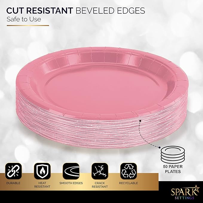 Disposable Paper Plates Pink, 6 3/4 Inches Paper Dessert Plates, Strong and Sturdy Disposable Plates for Party, Dinner, Holiday, Picnic, or Travel Party Plates, Pack of 50