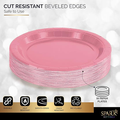 Disposable Paper Plates Pink, 6 3/4 Inches Paper Dessert Plates, Strong and Sturdy Disposable Plates for Party, Dinner, Holiday, Picnic, or Travel Party Plates, Pack of 50