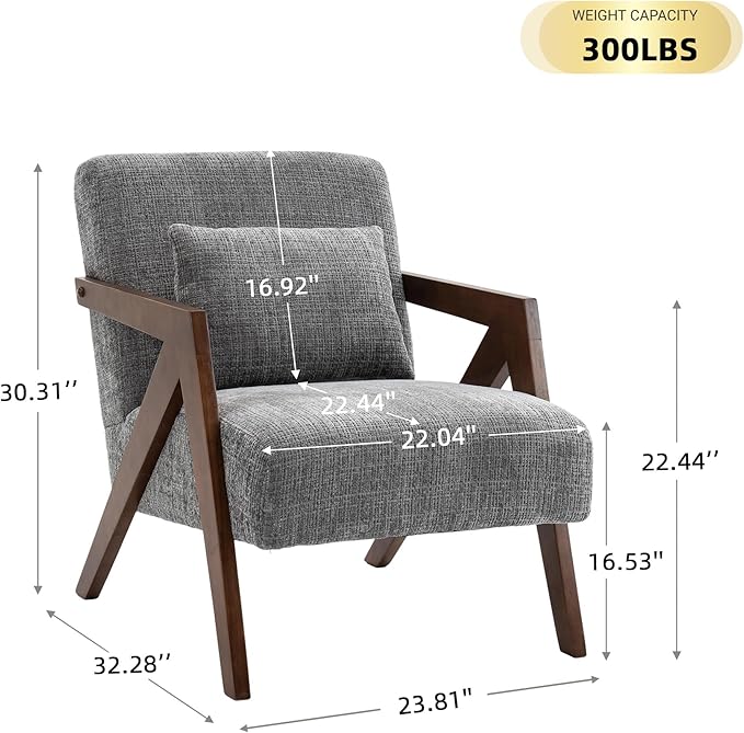 Mid Century Modern Accent Chair with Solid Wood Frame，Upholstered Chenille Living Room Arm Chairs with Pillow for Bedroom, Living Room, Reading Room, Balcony (1, Grey)