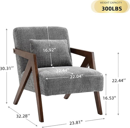Mid Century Modern Accent Chair with Solid Wood Frame，Upholstered Chenille Living Room Arm Chairs with Pillow for Bedroom, Living Room, Reading Room, Balcony (1, Grey)