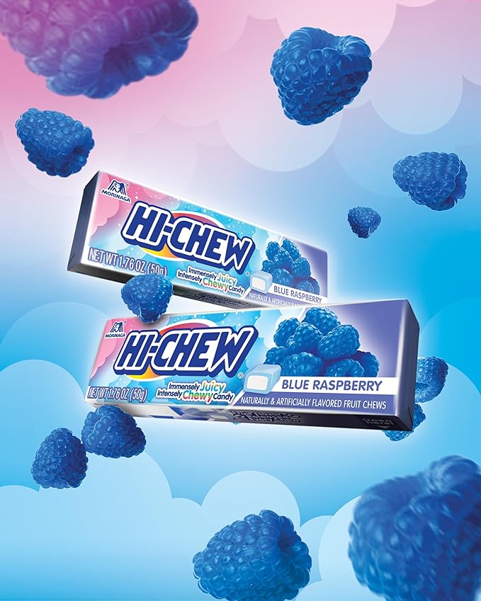 HI-CHEW Blue Raspberry - Box of 15 Sticks, 1.76oz ea | Unique Fun Soft & Chewy Taffy Halloween Candy | Immensely Juicy Fruit Flavors
