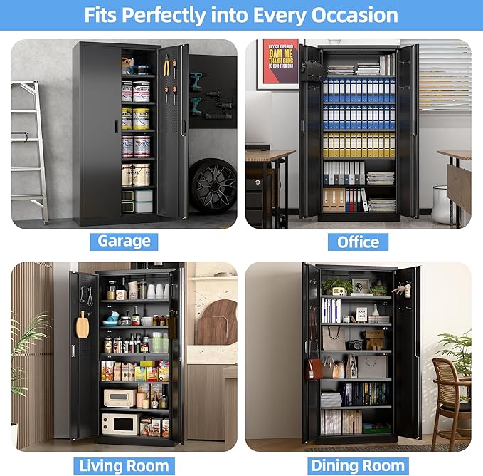 Metal Storage Cabinet, 71" H×34" W×18" D Garage Storage Cabinet with Pegboard, 5 Adjustable Shelves and 2 Doors for Garage Home Office, Lockable File Cabinet, Black, Assembly Required