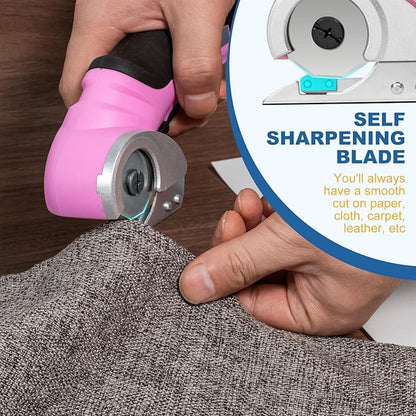 VLOXO Cordless Electric Scissors, Cardboard Cutter with Safety Lock 4.2V Electric Mini Cutter Power Rotary Scissors for Leather Felt Rug Box with Storage Box Pink