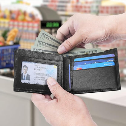 Genuine Leather Mens Wallet, RFID Blocking Bifold Wallet for Men with ID Window, 11 Credit Card Slots (Black)