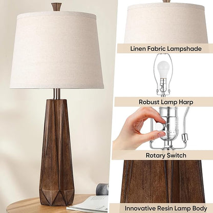 WIHTU 3 Color Temperature Table Lamps Set of 2, Beside Lamp with Linen Shade, 27'' Wood Grain Color Modern Table Lamp for Living Room, Resin Desk Lamp for Nightstands Bedroom Decor (2 Bulbs Included)