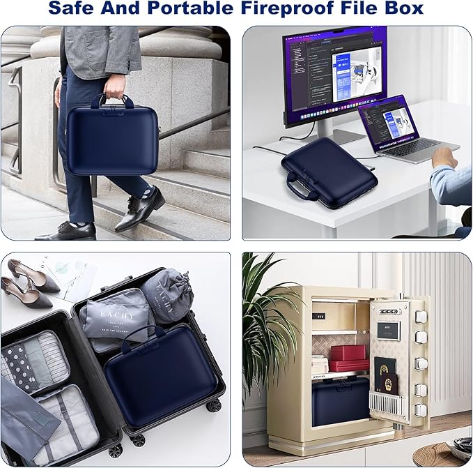 Fireproof Document Box, Hard Case Fireproof File Organizer Box with Lock and 13 Pocket Accordion File Folder, Portable Safe Box for Home Office Travel to Storage Important Documents Laptop Blue
