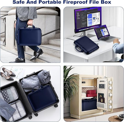 Fireproof Document Box, Hard Case Fireproof File Organizer Box with Lock and 13 Pocket Accordion File Folder, Portable Safe Box for Home Office Travel to Storage Important Documents Laptop Blue