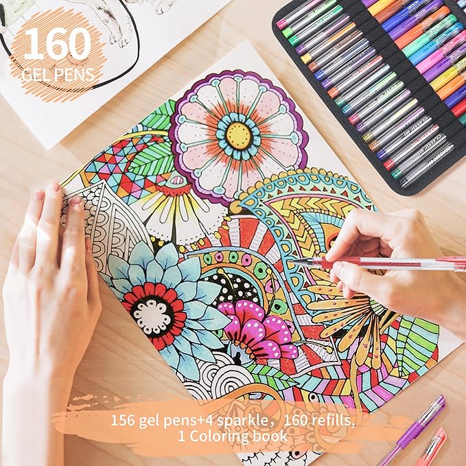 320 Pack Gel Pens for Adult Coloring Book, 160 Colors Artist Pens Include 156 Pens, 4 Metallic Sparkle With 160 Refills, Fine Tip Metallic Glitter for Drawing Doodling Art Supplies