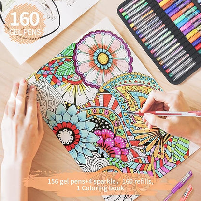 320 Pack Gel Pens for Adult Coloring Book, 160 Colors Artist Pens Include 156 Pens, 4 Metallic Sparkle With 160 Refills, Fine Tip Metallic Glitter for Drawing Doodling Art Supplies