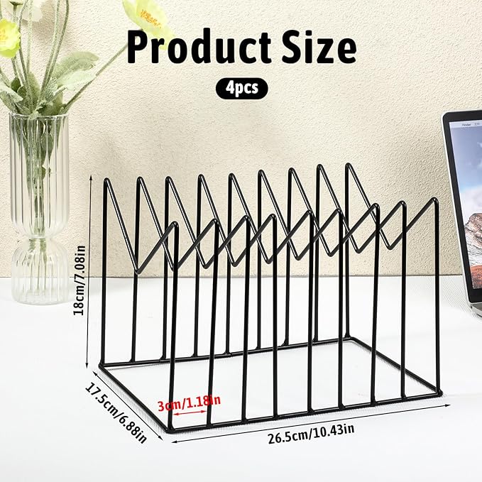 4 Sets File Folder Holder, Wire Desk File Organizer/Rack/Stand, Anti-Scratch/Rusty Iron File Holder for Desk/Clipboard Holder for Office, Home, School(Black, 8 Sections)