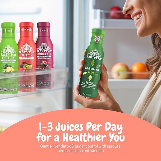 Karviva Organic Juice Cleanse Weight Control Pack with Prebiotic Detox, Sprouts, Aloe, Berries & Adaptogens for Digestion, Immunity, Liver & Thyroid Health, 6 BPA-Free Bottles, 12 oz Each