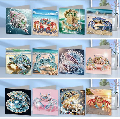 jinglinhh 12pcs Diamond Art Painting Beach Crab Seashell Conch Seaturtle Greeting Cards with Envelopes, DIY Card Making Kits for Adults, Diamond Art Postcards Christmas Cards Craft Gifts