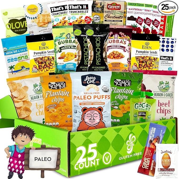 Gluten Free Palace Paleo Snacks Variety Pack – Healthy Snack Box for Adults – Whole Foods, Protein Bars, Crackers, Chips, Puffs, Fruit & Nuts (25 Count)