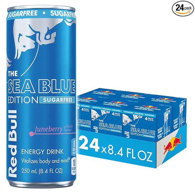 Red Bull Sea Blue Edition Sugar-Free Energy Drink, Juneberry, with 80mg Caffeine plus Taurine & B Vitamins, 8.4 Fl Oz, Pack of 24 Cans (6 packs of 4)