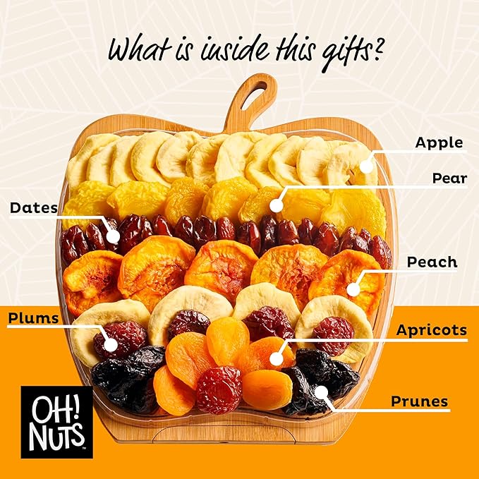 Oh! Nuts Dried Fruit Gift Basket - Gourmet Gift Baskets - Holiday Healthy Assortment Dried Fruits Gift Box - Crafted in the USA - Wooden Apple Shape Gift Tray - (Honey Beige)