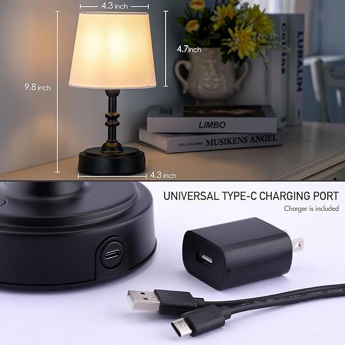 O’Bright Seraph mini – Cordless LED Table Lamp with Dimmer, Built-in Rechargeable Battery, 3-Level Brightness, Patio Table Lamp, Bedside Night Lamp, Ambient Light for Restaurant, Black