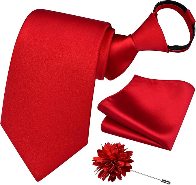 Branduce 3.15"（8cm） Pre-tied Adjustable Zipper Tie and Lapel Pin Solid Necktie Handkerchief Set for Men