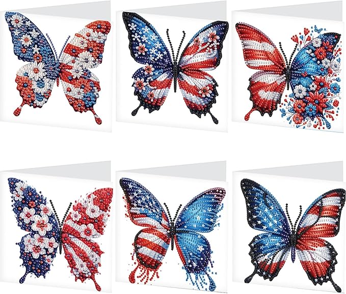 6PCS Diamond Art Painting Greeting Card Set, US Flag Butterfly Pattern DIY Cards with Envelopes for Xmas Birthdays Special Occasion Blessing