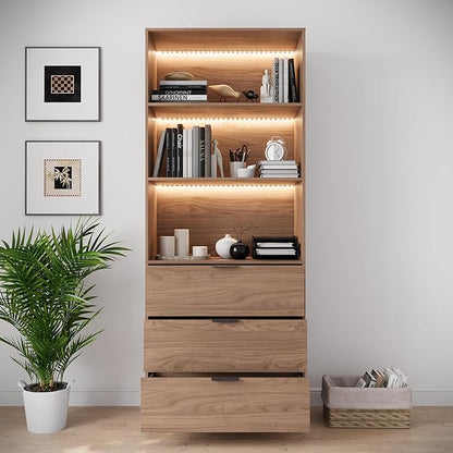 78.7" Walnut Display Cabinet with 3 Drawers, 3 -Tier Storage Cabinet with LED Lights, Tall Bookcasse Storage Cabinet, LED Display Case for Collectible, Living Room, Office, Kitchen