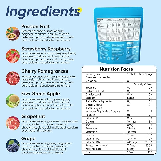 24 Sticks Electrolytes Powder Packets No Sugar Hydration Packets Electrolyte Liquid Daily IV Drink Mix with Strawberry Raspberry, Passion Fruit, Kiwi Green Apple, Cherry Pomegranate, Grape, Grapefruit