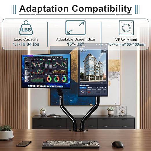 Okak Dual Monitor Stand for Desk Dual Monitor Arm Mount Computer for VESA Mounting Holes 75 and 100mm, 15 to 27 Inch Screens Stand Up to 26.4lbs, Office Desk Accessories, Two Pack