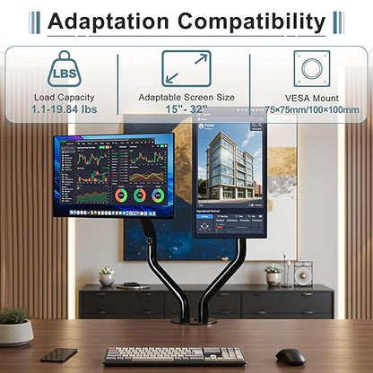 Okak Dual Monitor Stand for Desk Dual Monitor Arm Mount Computer for VESA Mounting Holes 75 and 100mm, 15 to 27 Inch Screens Stand Up to 26.4lbs, Office Desk Accessories, Black