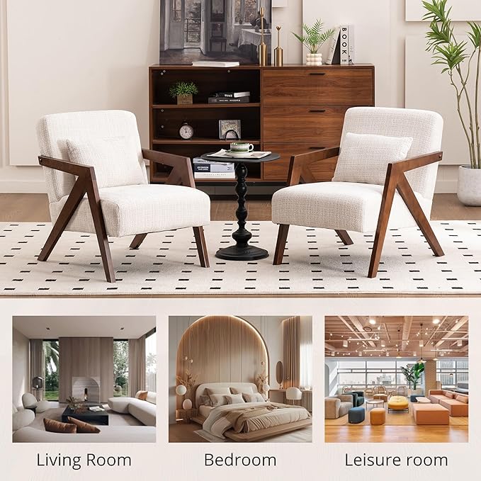 Mid Century Modern Accent Chair with Solid Wood Frame，Upholstered Chenille Living Room Arm Chairs with Pillow for Bedroom, Living Room, Reading Room, Balcony (1, Beige)