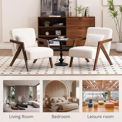 Mid Century Modern Accent Chair with Solid Wood Frame，Upholstered Chenille Living Room Arm Chairs with Pillow for Bedroom, Living Room, Reading Room, Balcony (1, Beige)