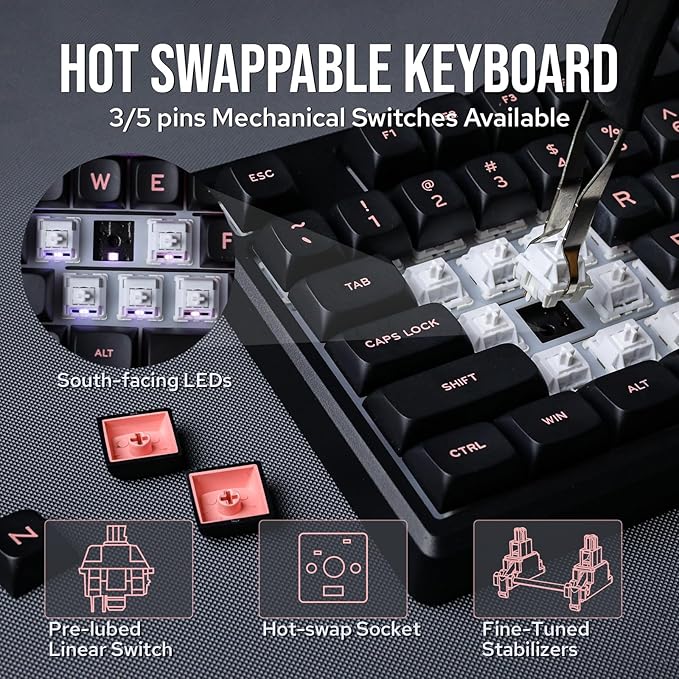 EPOMAKER Galaxy100 QMK/VIA Wireless Gaming Keyboard, Aluminum Shell, Bluetooth/2.4Ghz/USB-C, Pre-Lubed Hot-Swappable Linear Switches, NKRO, RGB Backlit (Black, Marble White Switch)