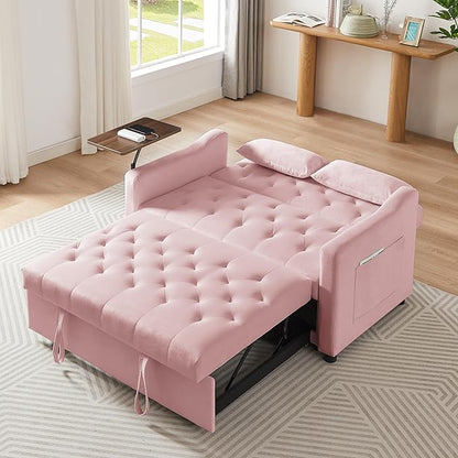 53'' Convertible Sleeper Sofa Bed with Adjustable Backrest, Chaise Lounge, Side Table & Two Pillows – Stylish & Functional Addition to Any Living Room (Modern Pink)