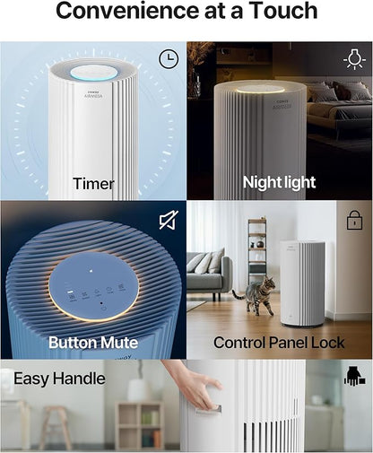 COWAY Air Purifiers for Large Room Whole Home Up to 2,640ft², True HEPA Filter for Smoke, Allergies, Pet Dander, Odor, PM 10 AQI, Turbo Eco Mode, Timer, Energy Star, 3yr Warranty, Airmega 350 Beige