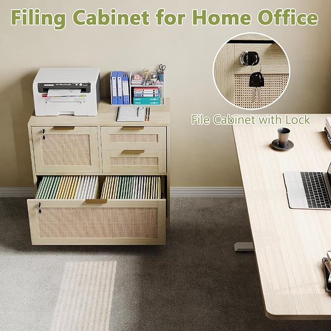 HOPUBUY Lockable 4 Drawers File Cabinet, Lateral Filing Cabinet with Printer Stand for Home Office and School, Wood Rattan File Cabinet for Hanging Files/Letter/Legal/A4/F4 Size, Oak Color (Oak)