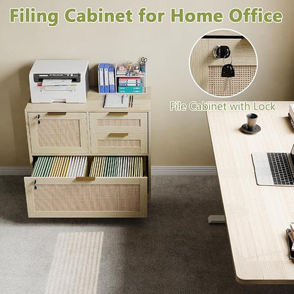 HOPUBUY Lockable 4 Drawers File Cabinet, Lateral Filing Cabinet with Printer Stand for Home Office and School, Wood Rattan File Cabinet for Hanging Files/Letter/Legal/A4/F4 Size, Oak Color (Oak)