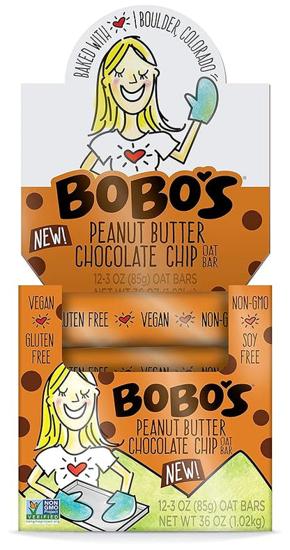 Bobo's Peanut Butter Chocolate Chip Oat Bars, Gluten Free, Non-GMO, Whole Grain Oats, Pack of 12 | Snack Bars | On-the-Go | Made with Simple Ingredients
