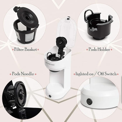 Mixpresso 2 in 1 Brewer Single Serve Coffee Maker for K Capsule and Ground Coffee, Single Cup Coffee Machine, Compact Size Mini Coffee Maker Quick Brew Technology 14oz White One Cup Coffee Brewer