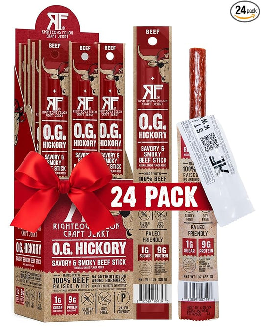 Righteous Felon Meat Sticks | 100% Beef Sticks | Gluten Free & Keto Meat Sticks | Low Sugar & High Protein Beef Sticks | Healthy Snack for Adults | Jerky Gifts for Men | OG Hickory, 24 Pack