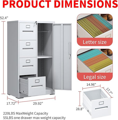4 Drawer File Cabinet with 1 Door,Metal Storage Locker Cabinets for Employees,Home Office Filing Cabinets for Legal/Letter Size Files,Assembly Required