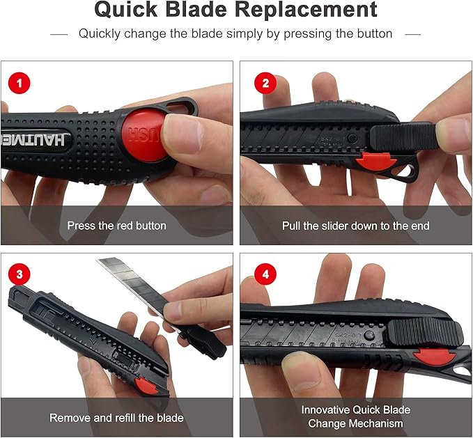 HAUTMEC 18mm Soft Grip Auto-Lock Utility Knife With Red Safety Switch, Sturdy Cutter with Ultra Sharp Black Snap-off Blade, HT0081-KN