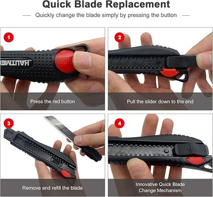 HAUTMEC 18mm Soft Grip Auto-Lock Utility Knife With Red Safety Switch, Sturdy Cutter with Ultra Sharp Black Snap-off Blade, HT0081-KN